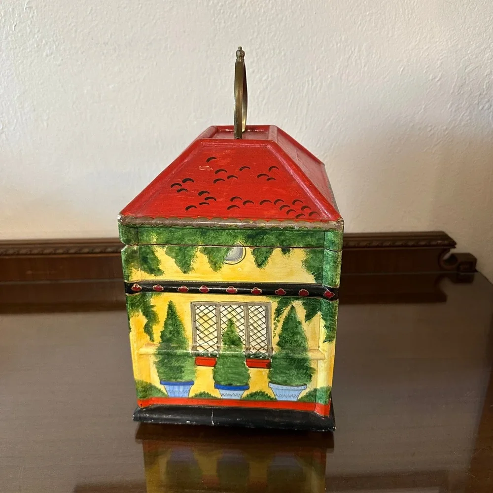 Vtg Foreside Hand Painted Wood Cottage Jewelry Box House 2 Drawer India
